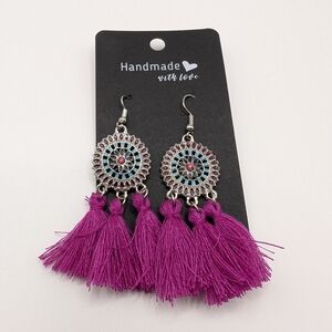 Handmade Fuchsia Pink Fringe Boho Embellished Circle Top Earrings 2.75" NEW